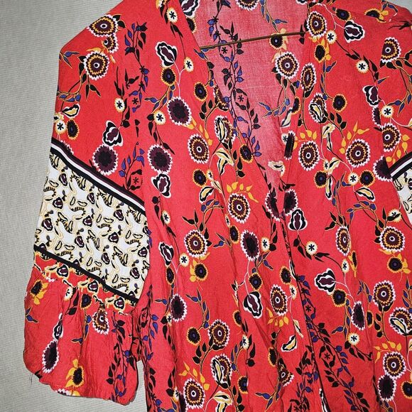 Suzanne Betro Red Boho Wrap Tunic Top Womens Large Lightweight Festival Duster - Picture 5 of 12